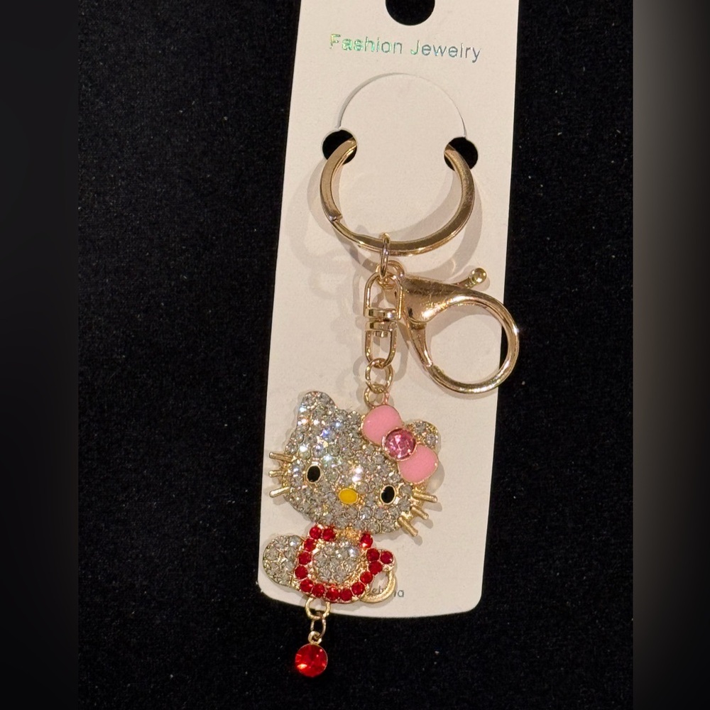 BAG CHARM  Hello Kitty Gold Tone Red Crystal Dangle Necklace Keychain